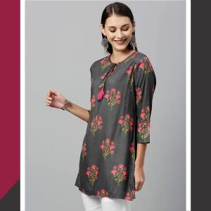 Kipek Women's Rayon Buta Print Mirror Work Straight Tunic Kurti SPN-FOR1
