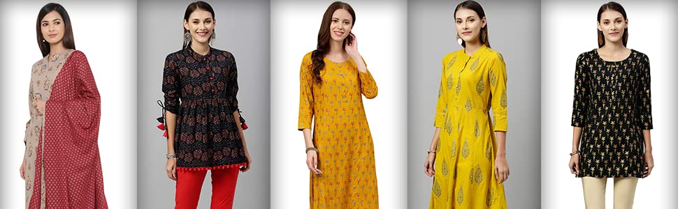 Kipek Women's Rayon Buta Print Mirror Work Straight Tunic Kurti SPN-FOR1