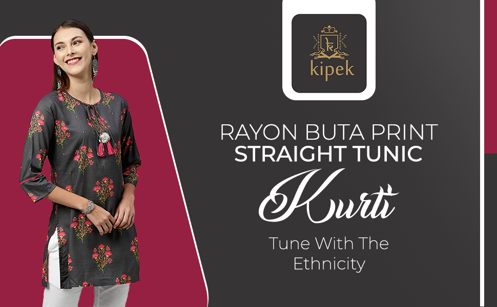 Kipek Women's Rayon Buta Print Mirror Work Straight Tunic Kurti SPN-FOR1